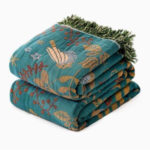 Luxury Boho Embroidered Reversible Teal Gold Throw Blanket 50x60 NEW!